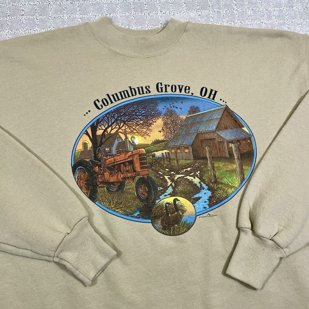 VTG 1995 Columbus Grove Ohio XL Tan Outdoors Tractor Farm Geese 90s Sweatshirt